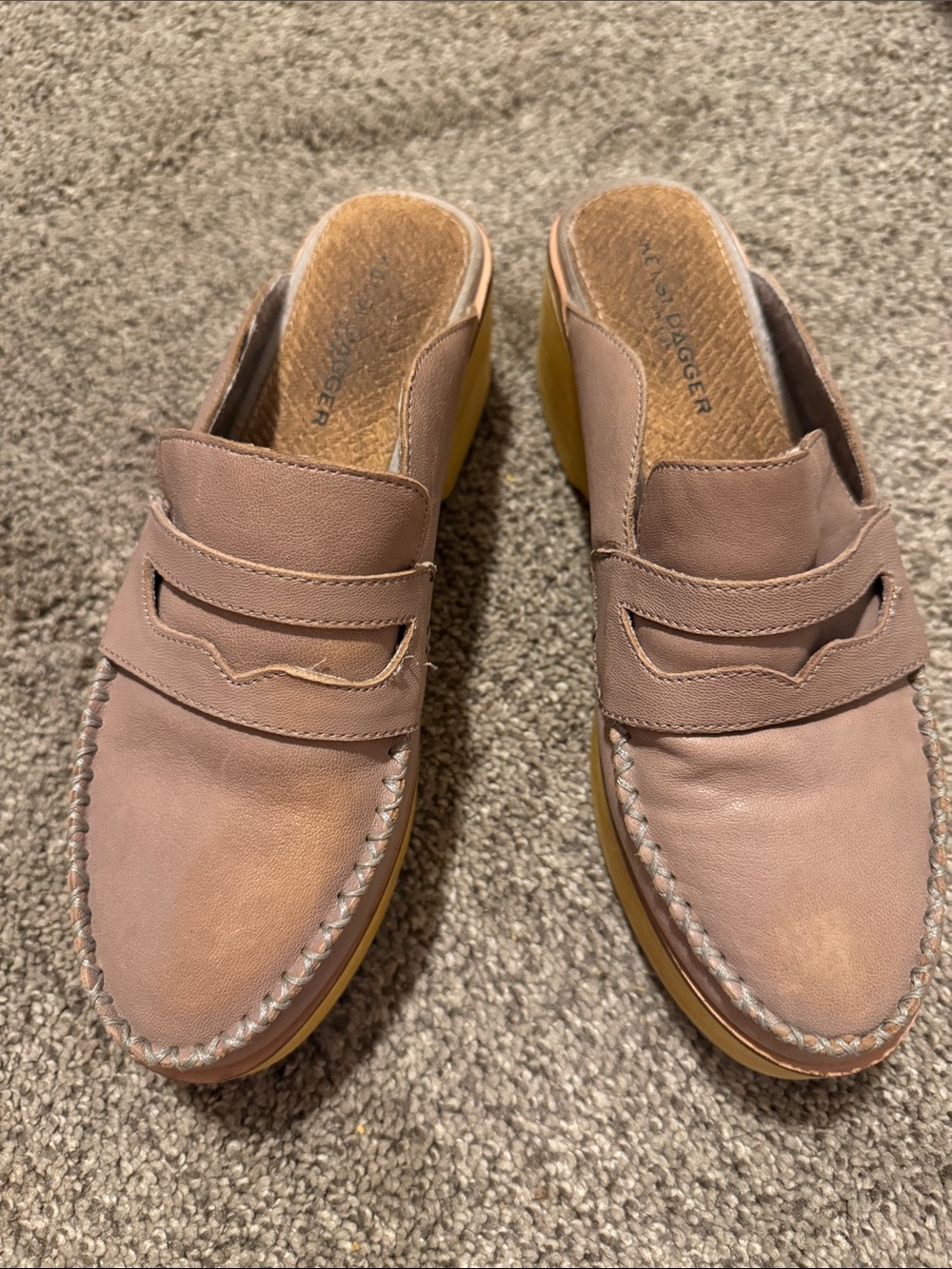 Kelsi Dagger Taupe Leather Mule with Yellow Wedge